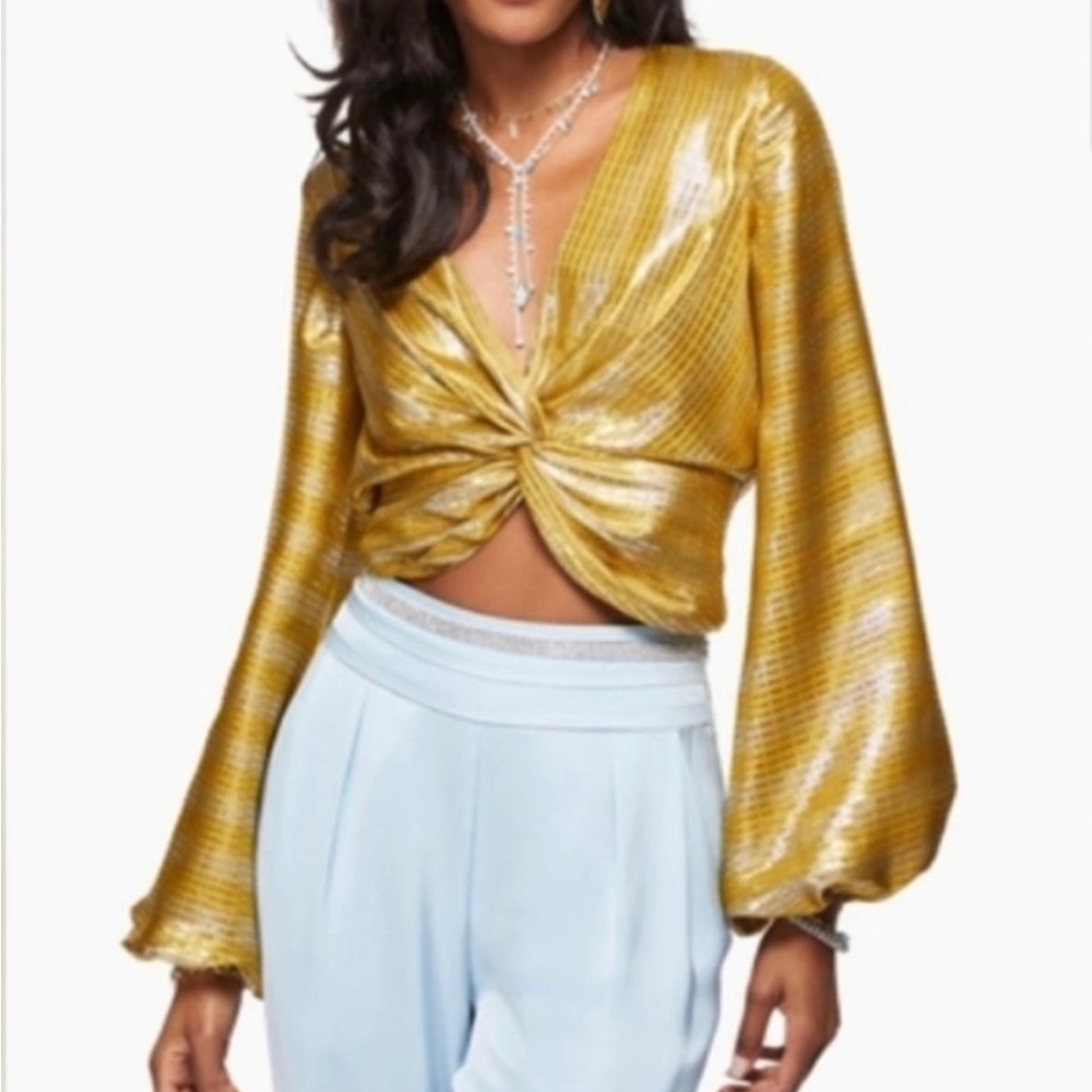 Ramy Brook exclusive Margaret gold metallic top tie front ballon sleev…